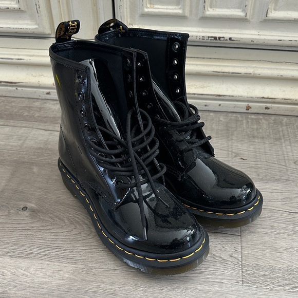 Dr. Martens Shoes - Dr. Martens Black Patent Lace-Up Boots with Yellow Stitching